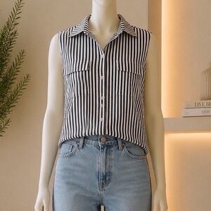 J. Jill Top Womens L Sleeveless Button-Down Black White Striped Preppy Coastal